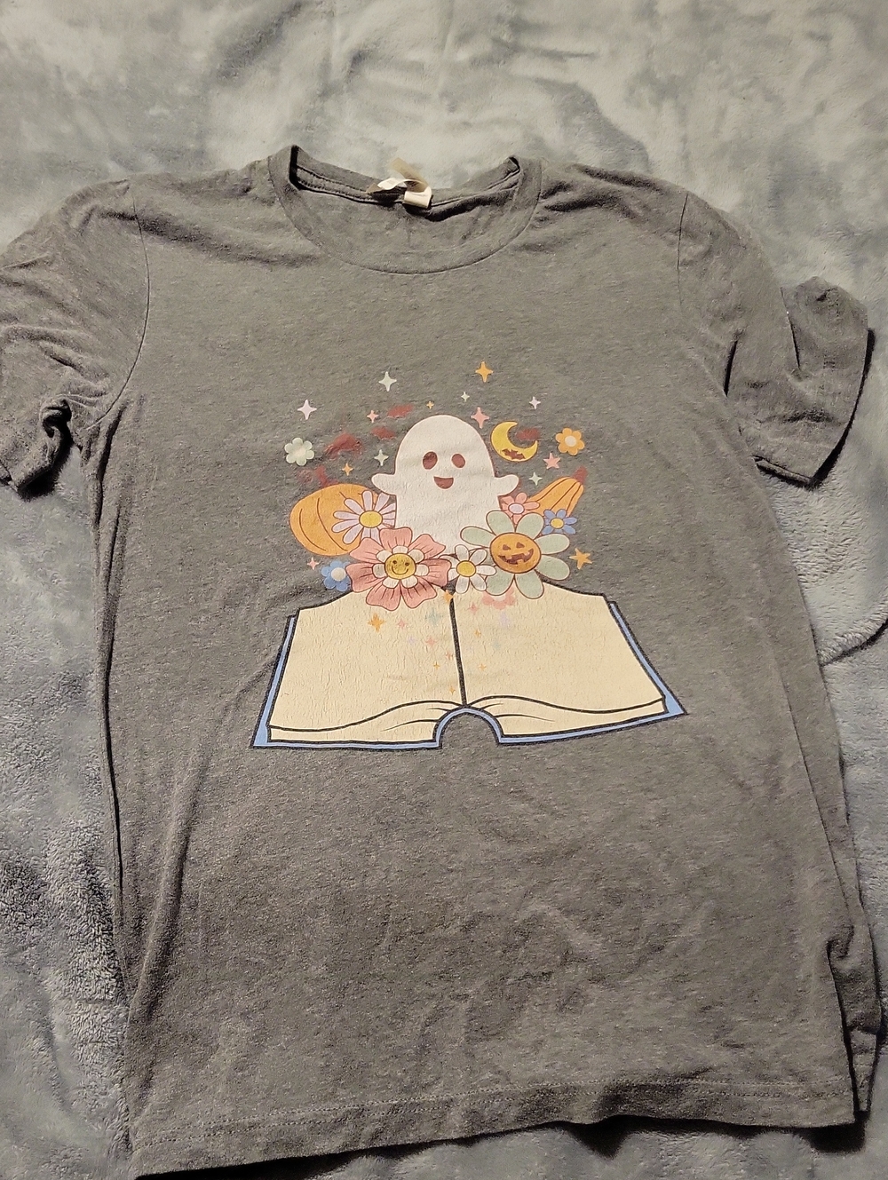 Grey Womens Graphic Tee with Ghost & Book